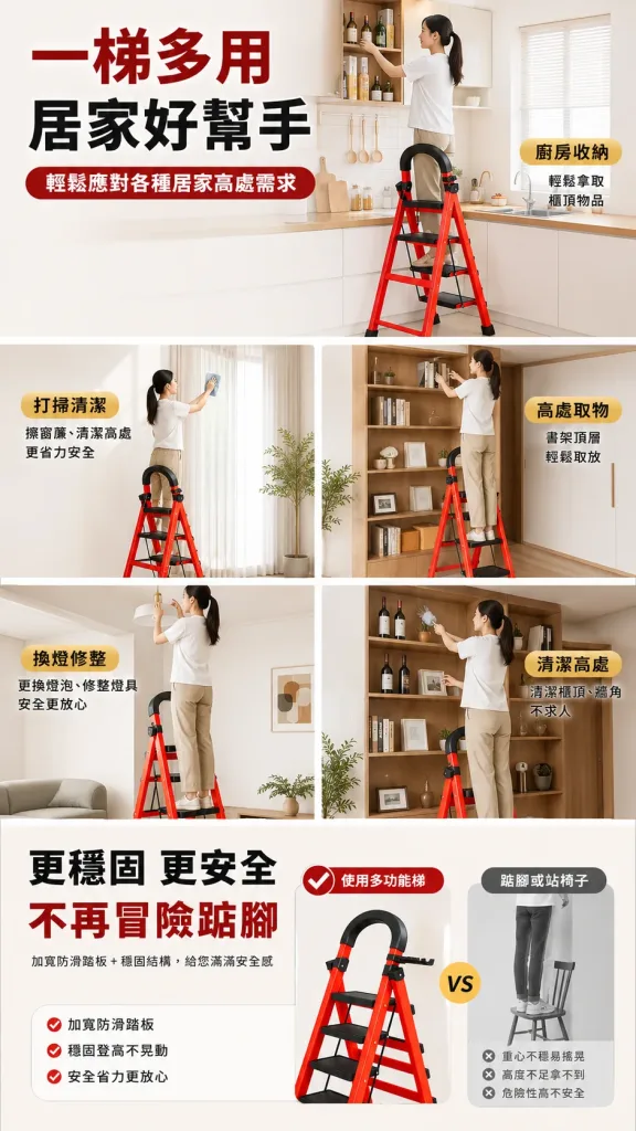 🪜加厚碳鋼穩如泰山！家用折疊人字梯，防滑踏台+加粗管材承重力強，打掃維修置物取物都安全✨輕巧伸縮好收納，居家裝修萬用登高作業安心首選🔥 - 5