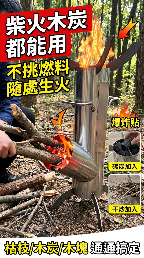 🚀【火箭爐｜戶外便攜柴火灶】露營野炊、家用燒柴一把罩，節能猛火，煮茶炒菜都搞定！🏕️ 還在背笨重瓦斯爐？這款火箭爐只要幾根樹枝就能煮出一桌菜。✅ 火箭式噴射設計，空氣對流加壓，火力集中猛爆，比一般柴爐更旺更省柴，輕巧便攜，戶外居家都實用！ - 11