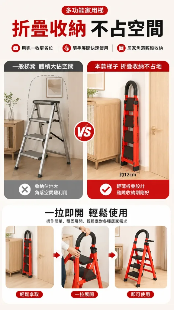 🪜加厚碳鋼穩如泰山！家用折疊人字梯，防滑踏台+加粗管材承重力強，打掃維修置物取物都安全✨輕巧伸縮好收納，居家裝修萬用登高作業安心首選🔥 - 6