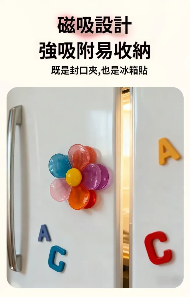 零食餅乾打開沒吃完，隨手一夾就密封。花朵旋轉封口夾，密封＋磁吸＋旋轉＋高顏值，一個夾子四種功能。 防潮防濕，廚房包裝袋一夾搞定。創意花朵造型，磁力吸附冰箱就像裝飾品。實用與美學兼具，收納從此不無聊。🔥 - 4