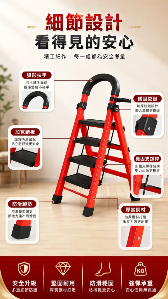 🪜加厚碳鋼穩如泰山！家用折疊人字梯，防滑踏台+加粗管材承重力強，打掃維修置物取物都安全✨輕巧伸縮好收納，居家裝修萬用登高作業安心首選🔥 - 7