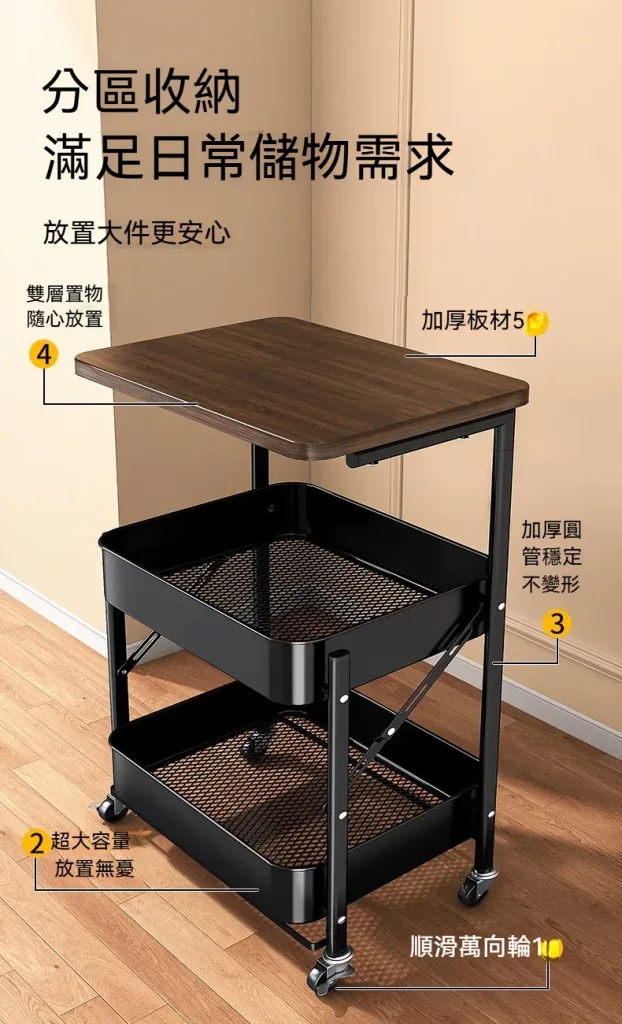 【一車多用】收納＋桌面＋移動一台搞定！可折疊推車置物架，多層收納空間，日用品整齊分類📐附桌板設計，可做茶幾/床頭櫃，隨處可推可放，不用的時候折疊收納不佔地，居家萬用神器非它莫屬🔥 - 5